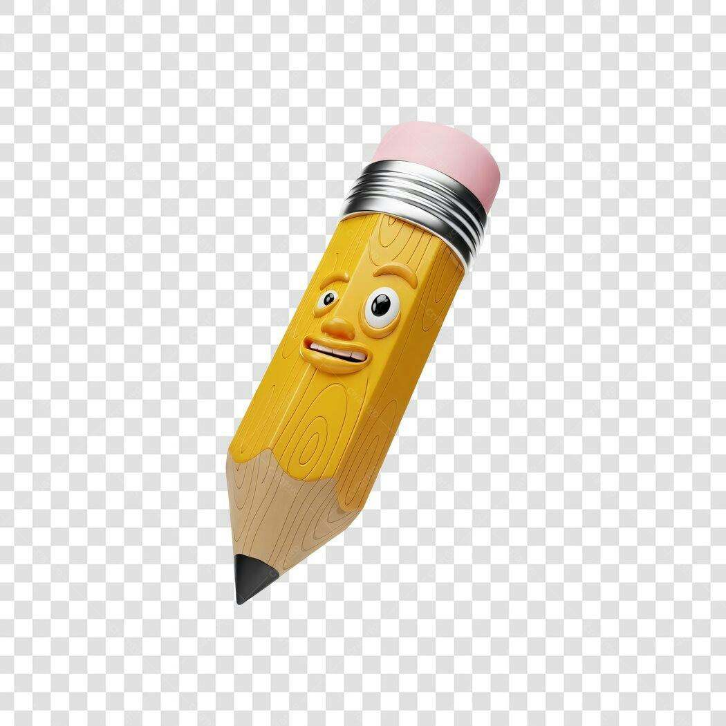 Ilustração 3D Lápis Amarelo Expressivo Surpreso Material Escolar PNG com fundo transparente