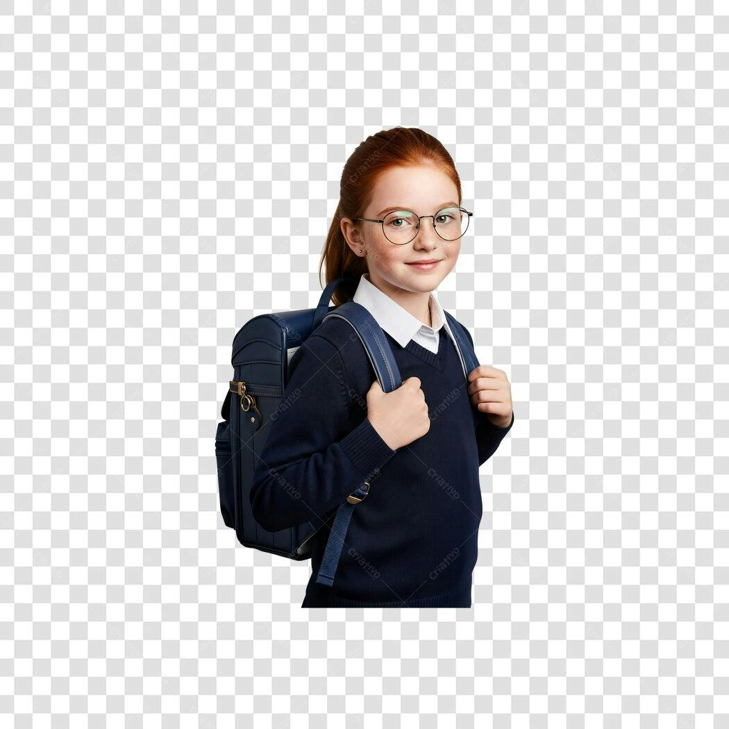Foto Estudante Menina Ruiva Oculos Mochila Azul Volta às Aulas PNG com fundo transparente