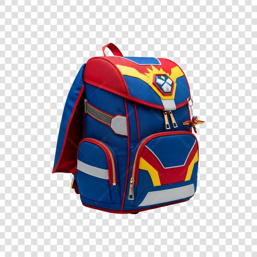 Mochila escolar de super-herói azul vermelha e amarela PNG com fundo transparente