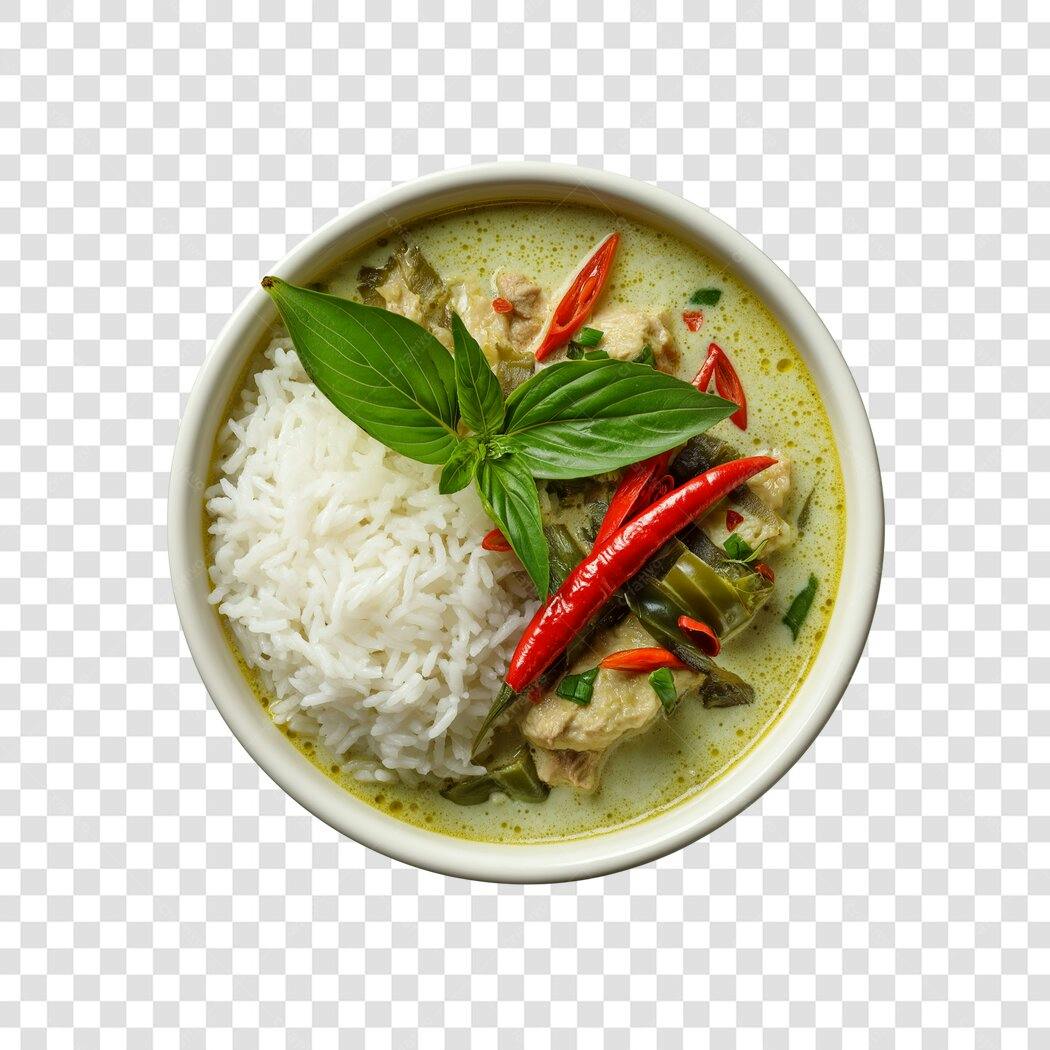 Foto de Comida Curry Verde Tailandês Frango Arroz e Pimenta PNG com fundo transparente