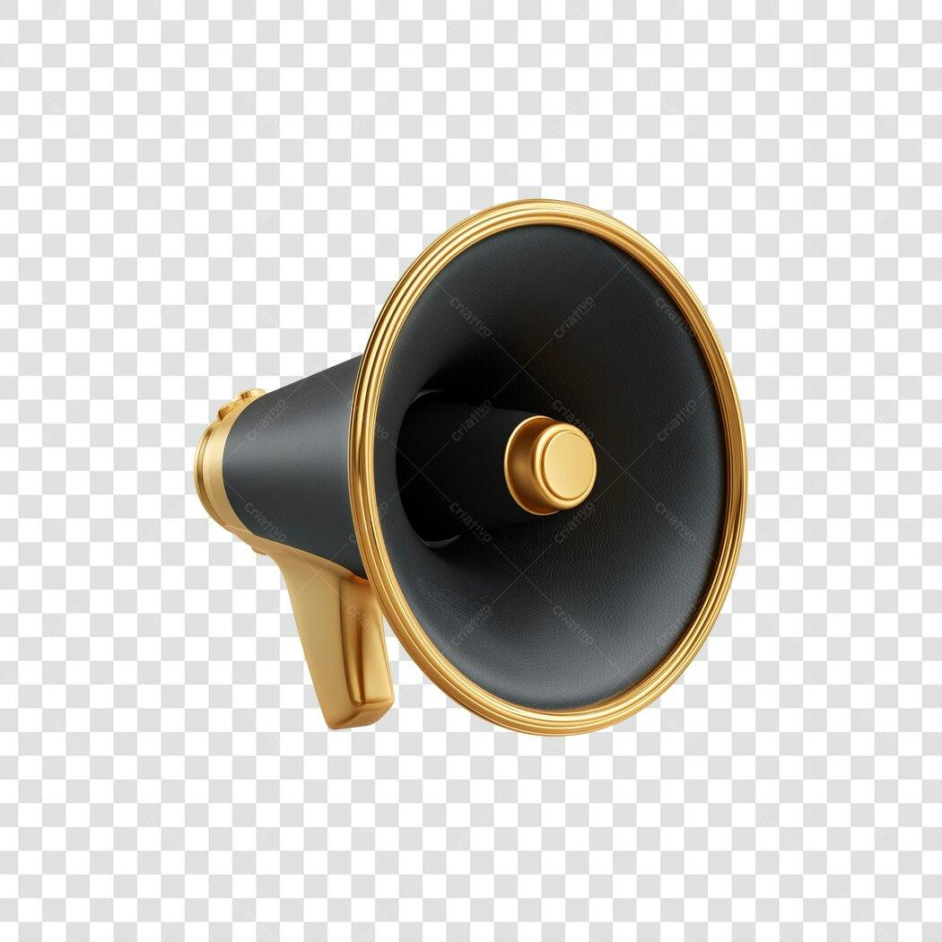 Megafone 3D preto e dourado para marketing e promoção PNG com fundo transparente