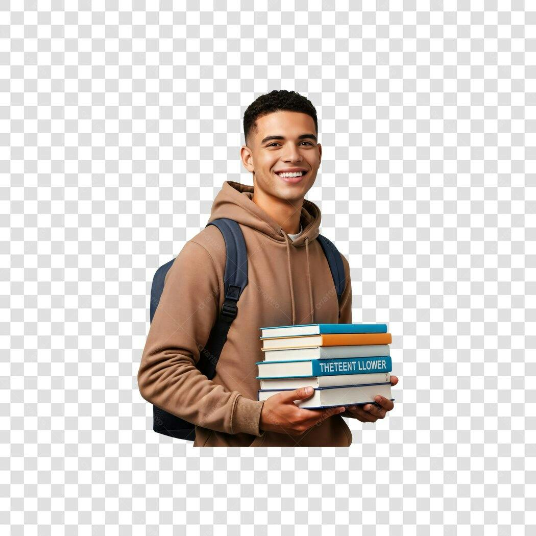Personagem Estudante Jovem Sorridente com Livros e Mochila PNG com fundo transparente
