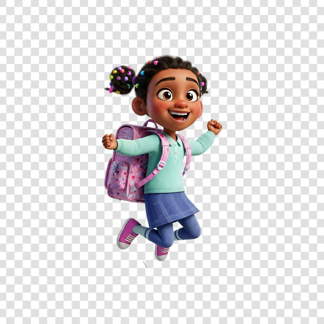 Ilustração Menina Negra Criança Feliz Pulando Volta às Aulas Mochila Rosa PNG com fundo transparente