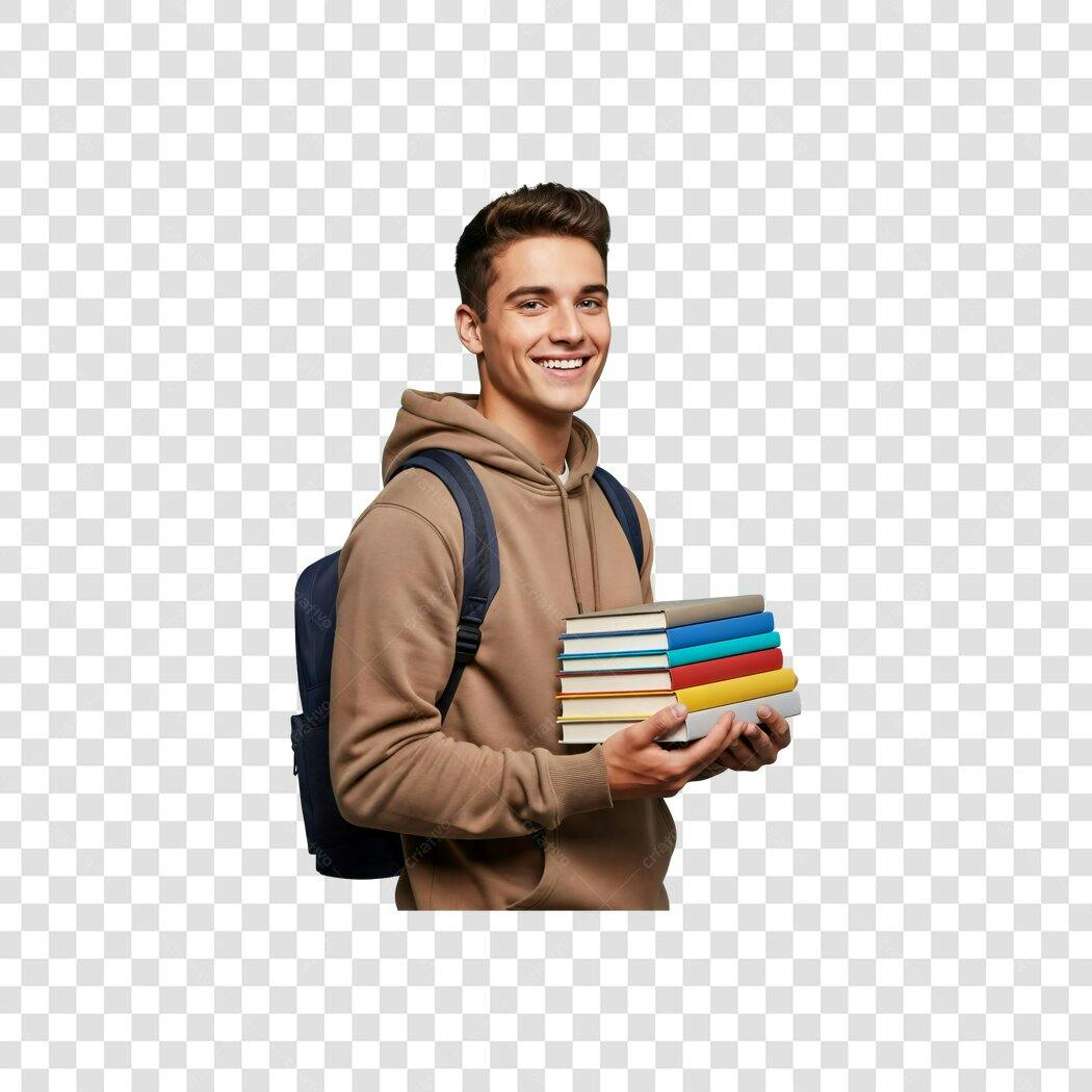 Imagem de Estudante Jovem Sorrindo com Livros Coloridos PNG com fundo transparente
