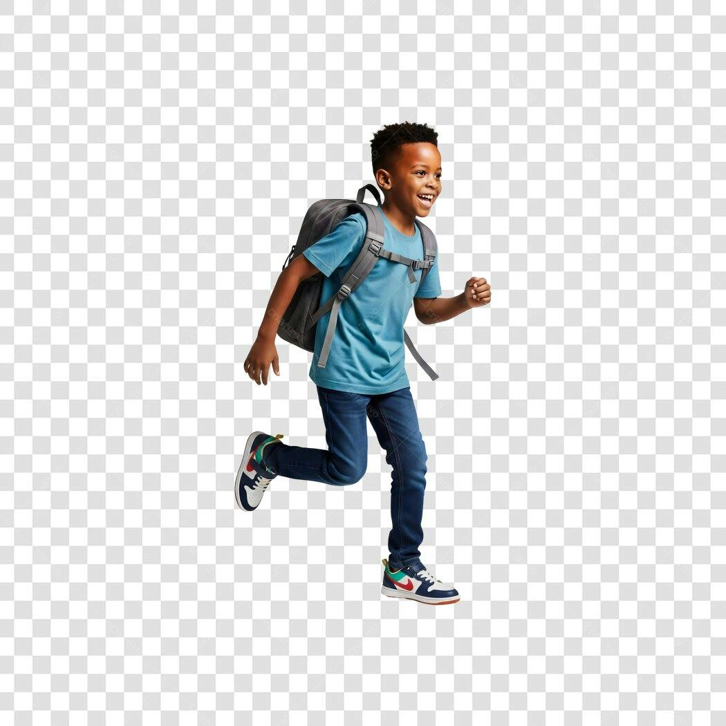Design para Volta às Aulas Menino Negro feliz correndo mochila azul PNG com fundo transparente