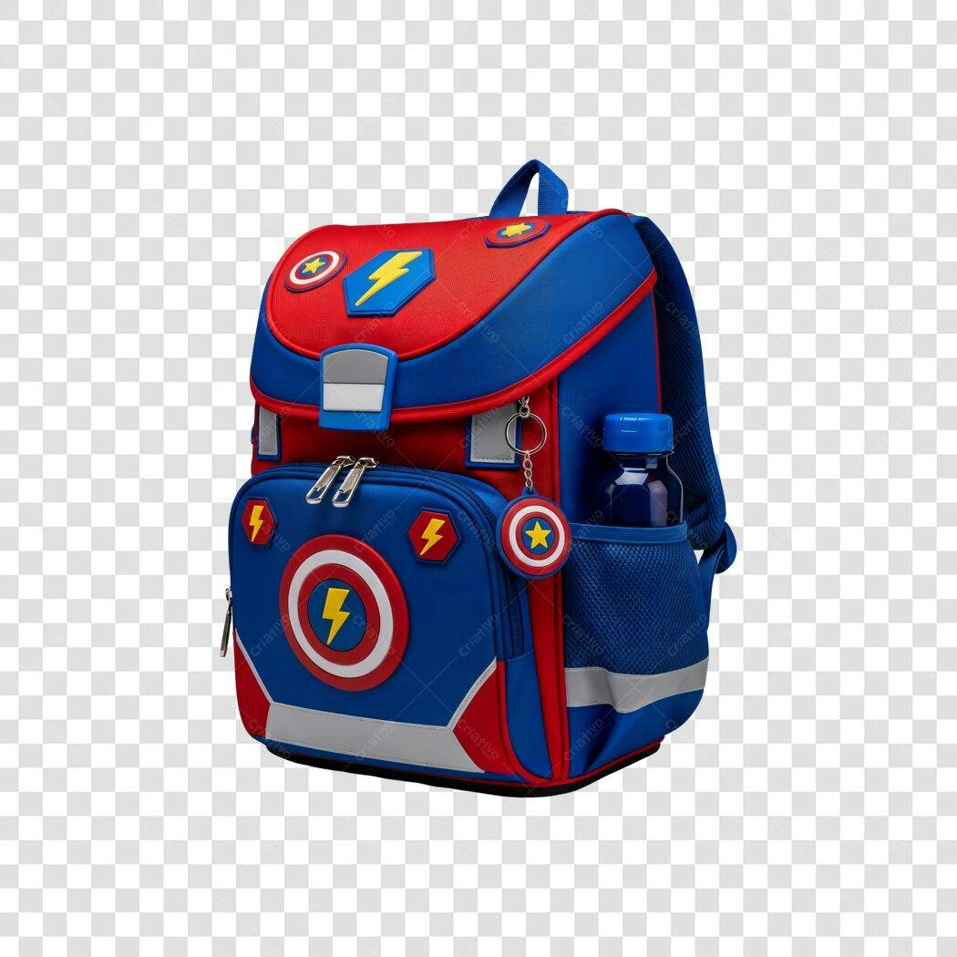 Mochila escolar super-herói azul vermelha com garrafa água PNG com fundo transparente