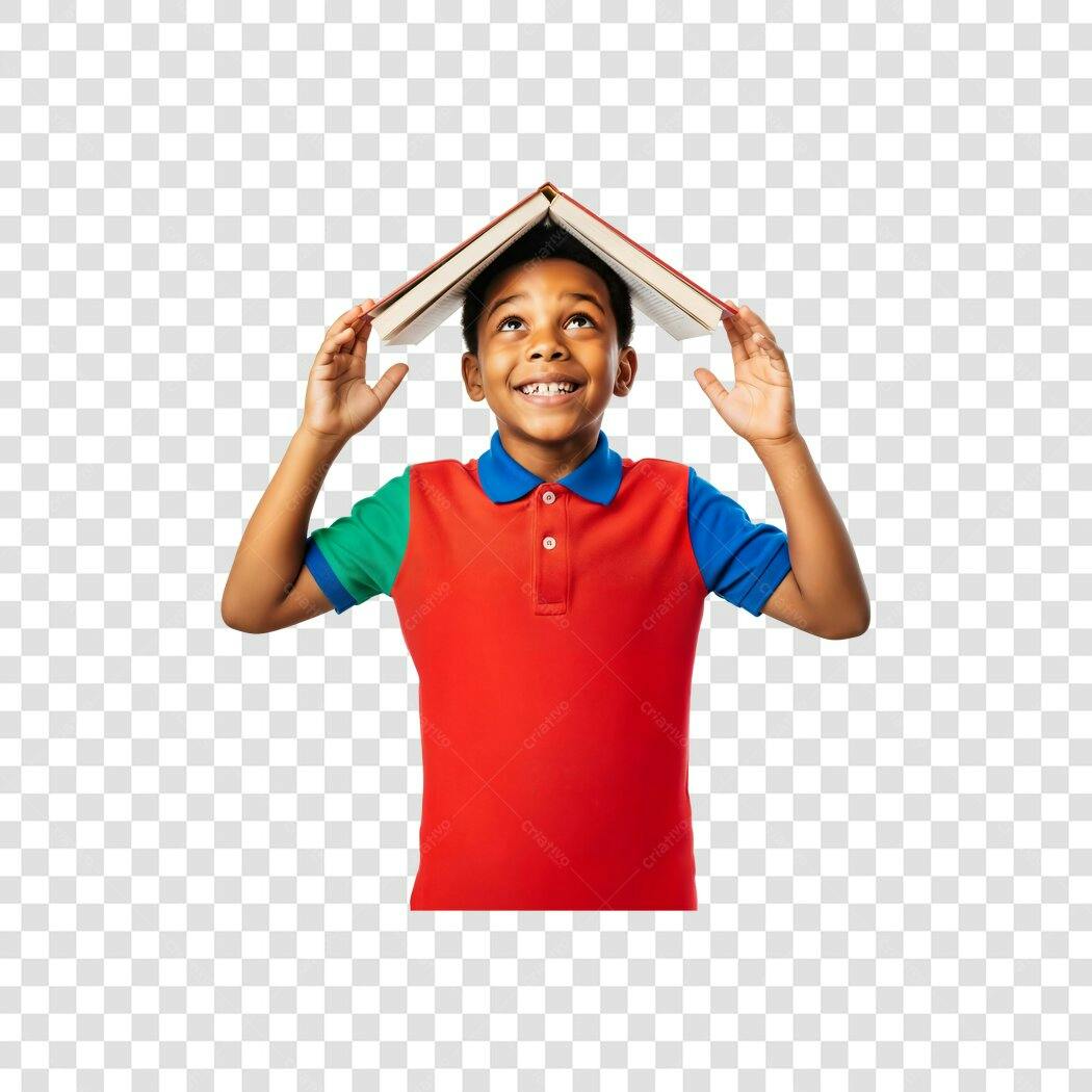 Imagem Educacional Menino Negro Feliz Livro na Cabeça Cores Vibrantes PNG com fundo transparente