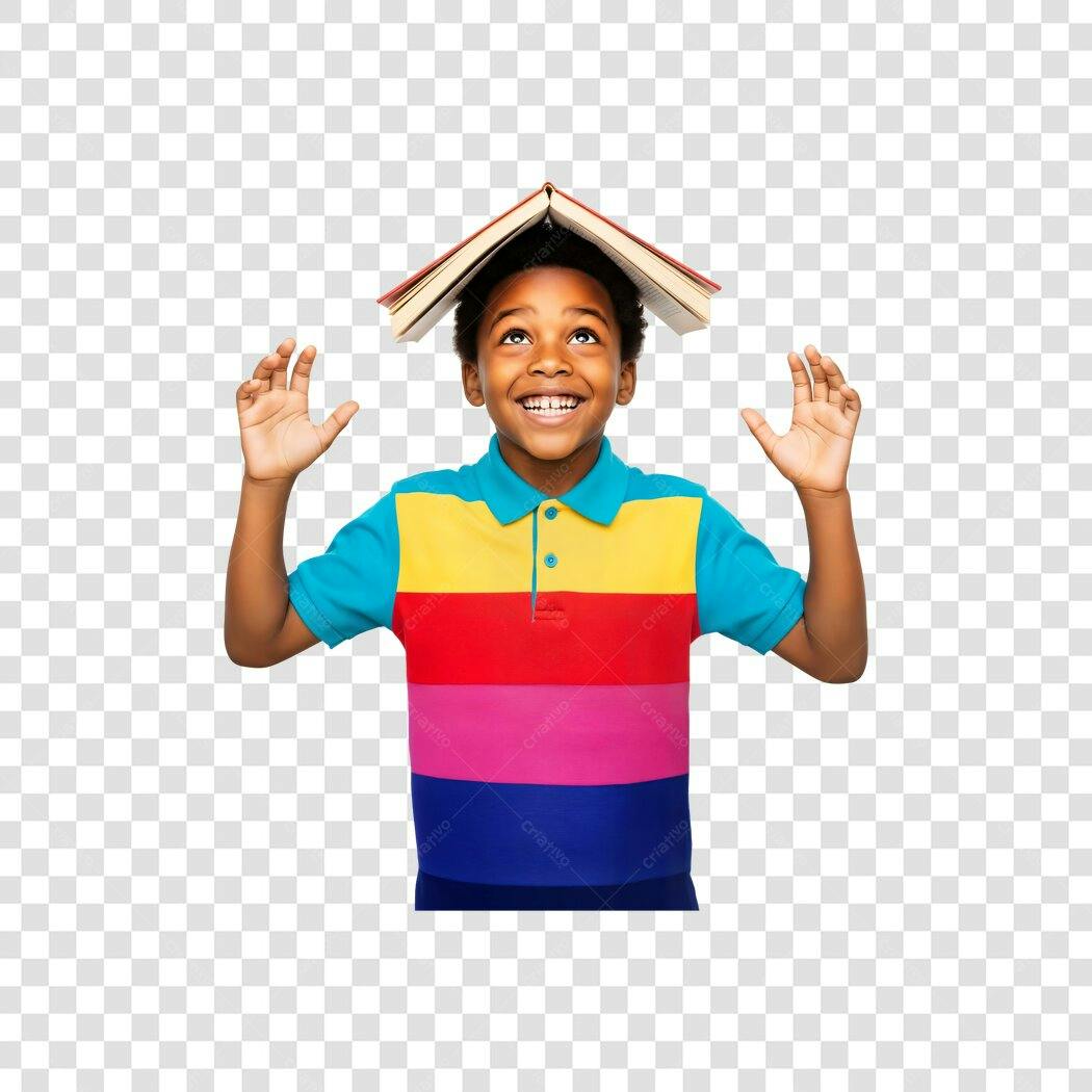 Elemento Gráfico Menino Negro Feliz Livro na Cabeça Cores Vibrantes PNG com fundo transparente