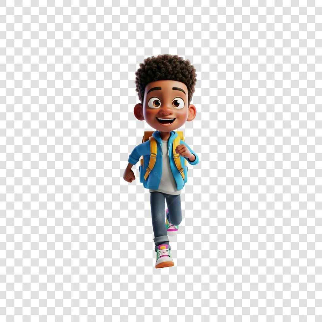 Ilustração 3D menino negro estudante correndo feliz com mochila azul e amarela PNG com fundo transparente