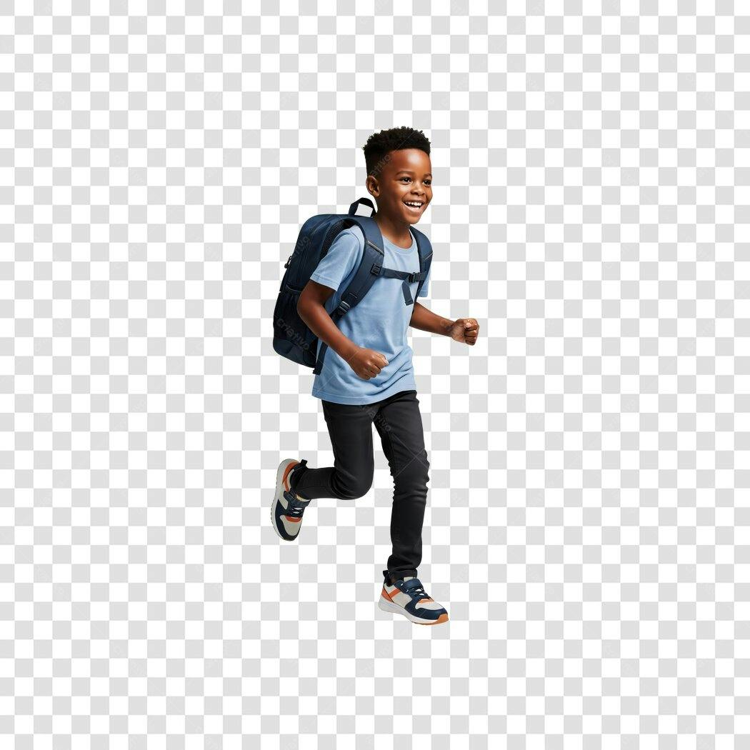 Post Instagram Menino Negro Escolar Correndo Feliz Mochila Azul PNG com fundo transparente