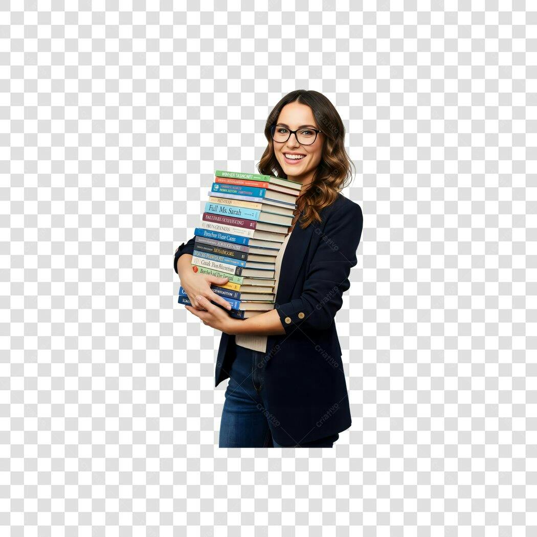 Imagem Mulher Estudante Feliz com Livros Óculos Sorrindo PNG com fundo transparente