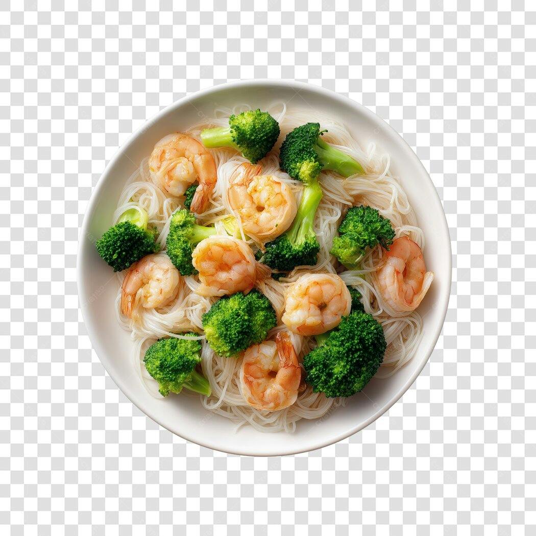 Prato de Comida Saudável Camarão Brócolis e Massa PNG com fundo transparente