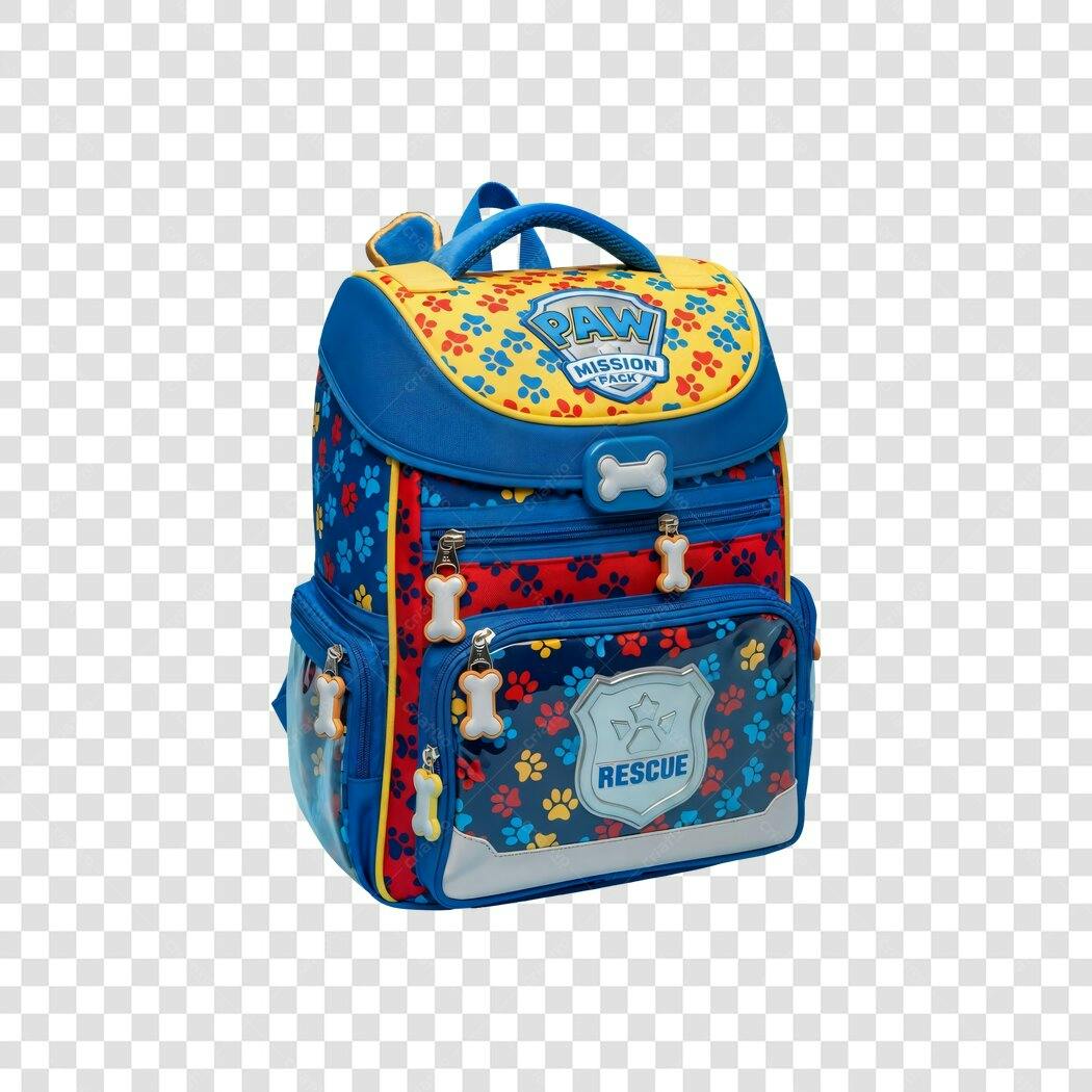 Mochila Escolar Pata Patrulha Azul Amarelo Vermelho Volta às Aulas PNG com fundo transparente
