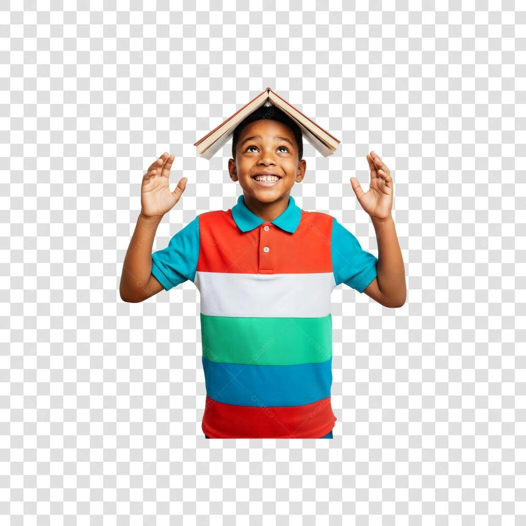 Imagem PNG Menino Negro feliz com livro na cabeça educação cores vibrantes PNG com fundo transparente