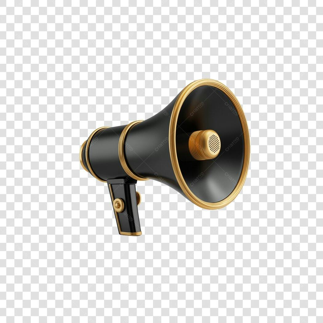 Ícone 3D Megafone Anúncio Marketing Dourado Preto PNG com fundo transparente