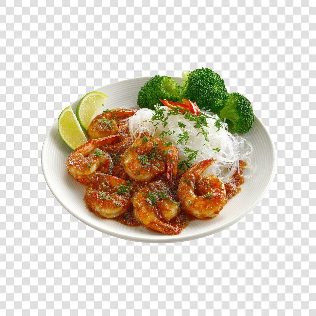 Foto de Prato Gourmet Camarão Molho Vermelho Brócolis Lima PNG com fundo transparente