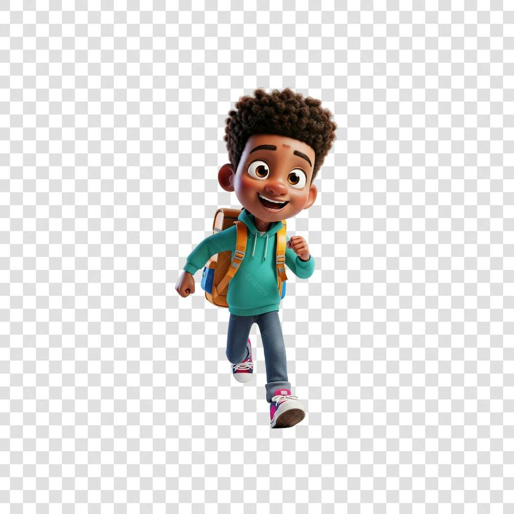 Ilustração 3D menino negro estudante correndo feliz com mochila PNG com fundo transparente