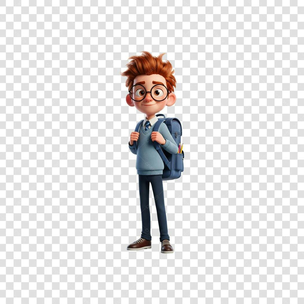 Estudante feliz ruivo de óculos com mochila azul PNG com fundo transparente