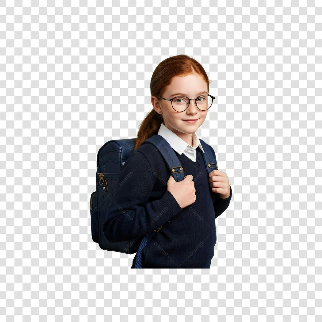 Imagem para Volta às Aulas Menina Ruiva Estudante Óculos Mochila Azul Marinho PNG com fundo transparente