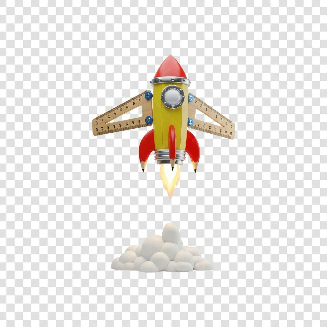 Icone Foguete de lápis e régua vermelho e amarelo decolando PNG com fundo transparente