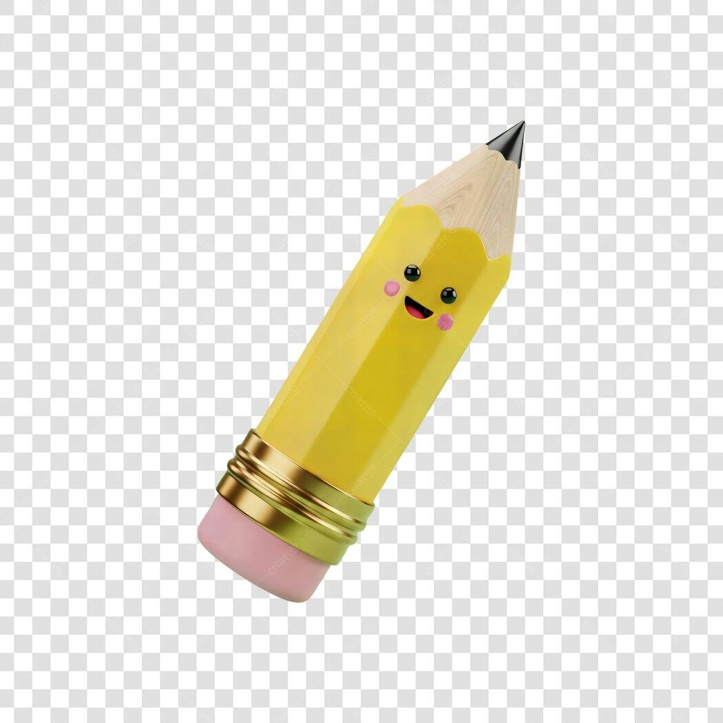 Elemento Gráfico Lápis Amarelo Sorridente 3D para Escola PNG com fundo transparente