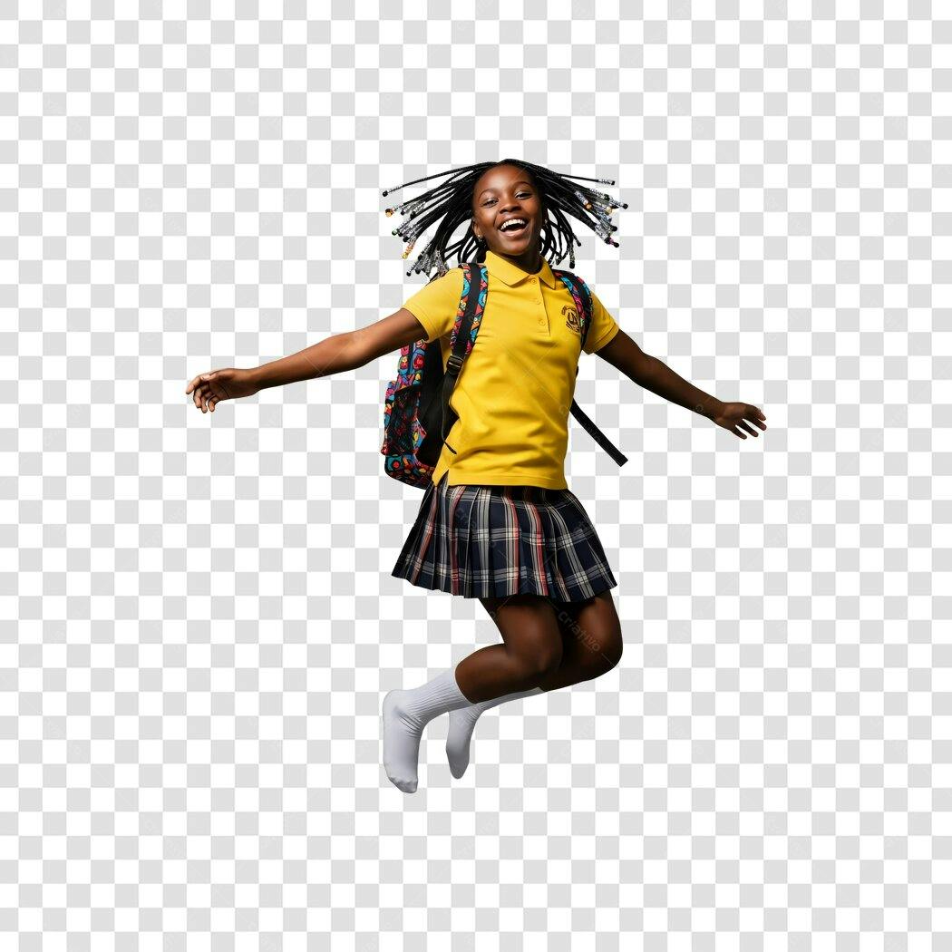 Imagem Aluna Negra Feliz Pulando Volta às Aulas Uniforme Amarelo PNG com fundo transparente