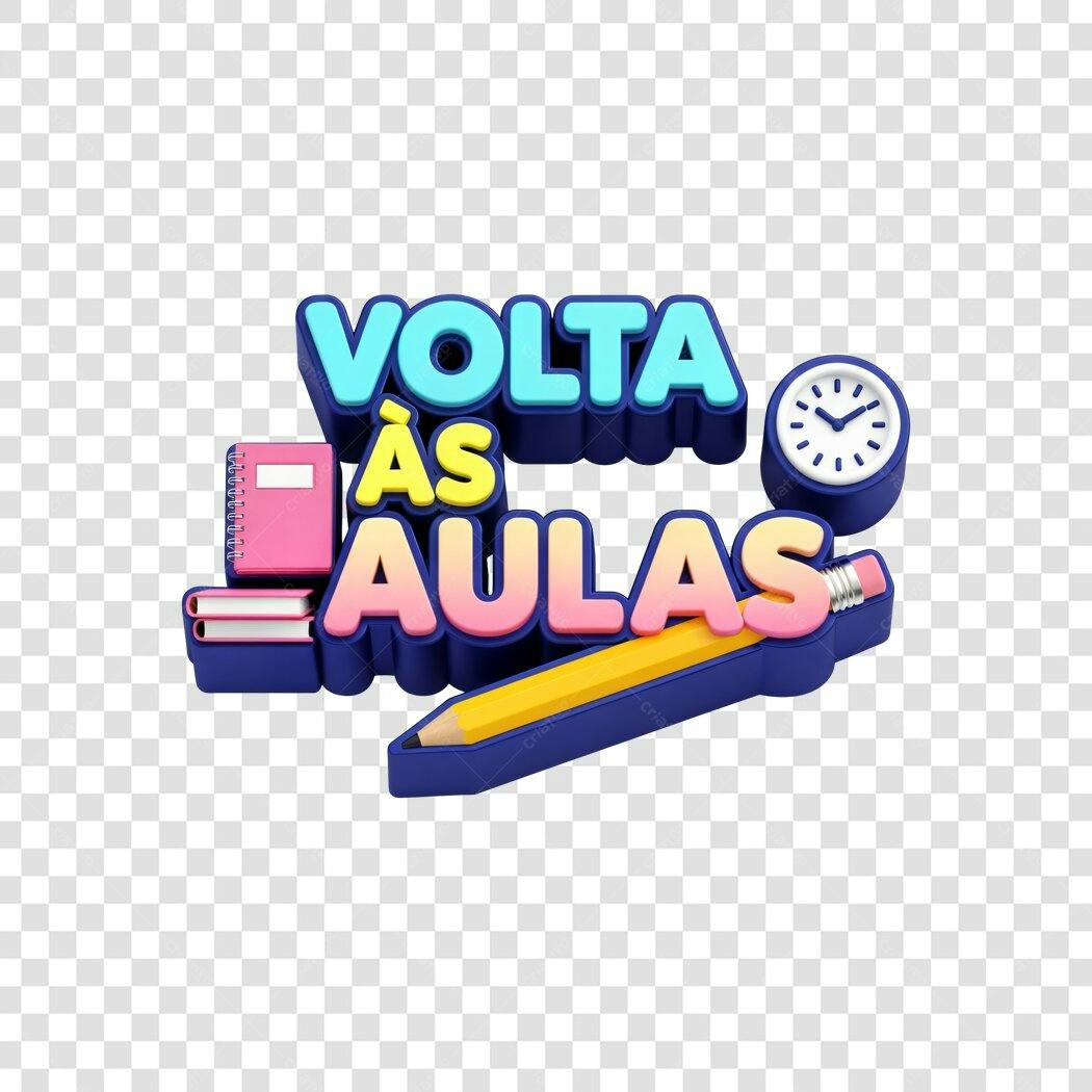 Elemento 3D Volta às Aulas Caderno Lápis Relógio Cores Vibrantes PNG com fundo transparente