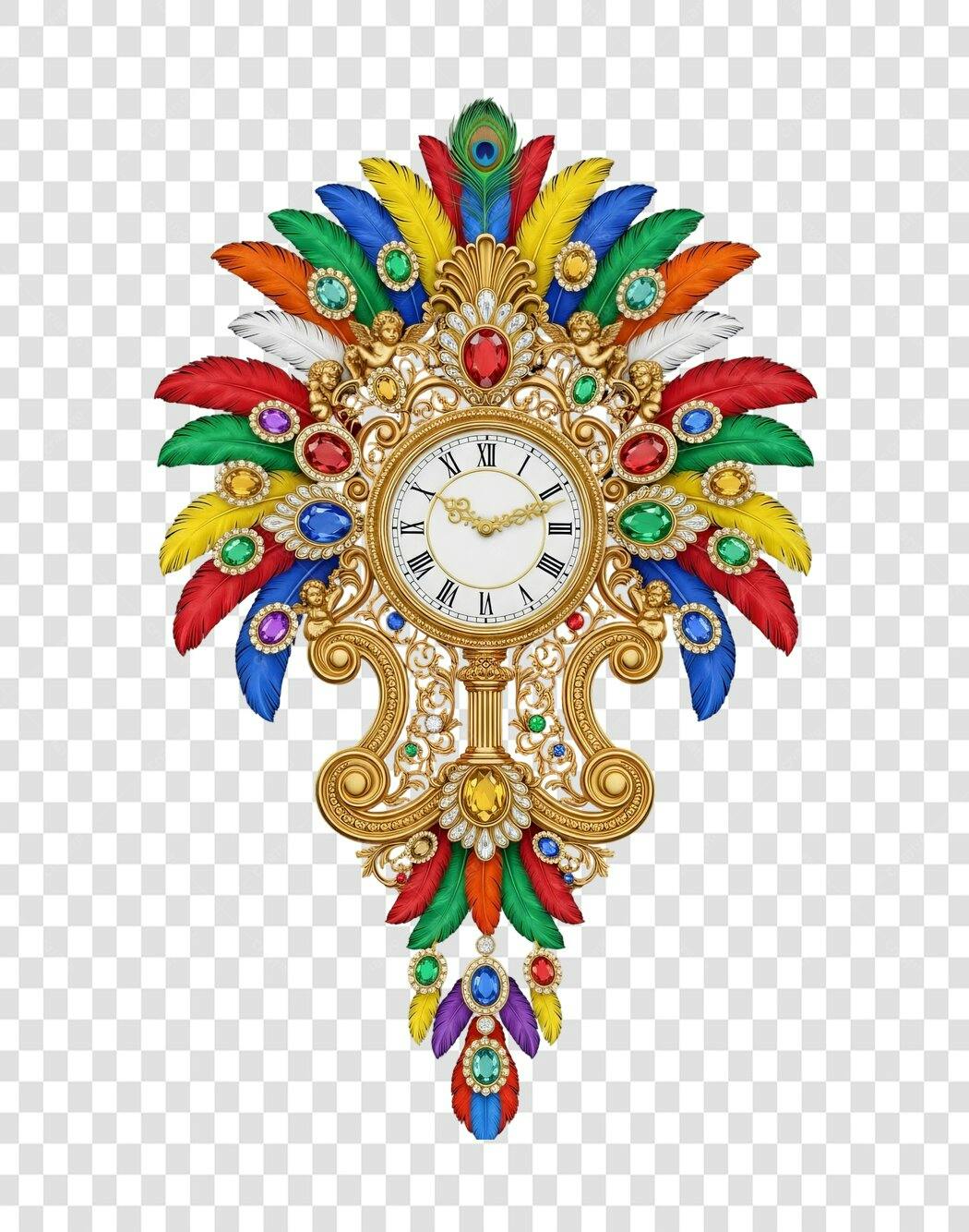 Relógio Decorativo de Carnaval com Penas e Joias Coloridas PNG com fundo transparente