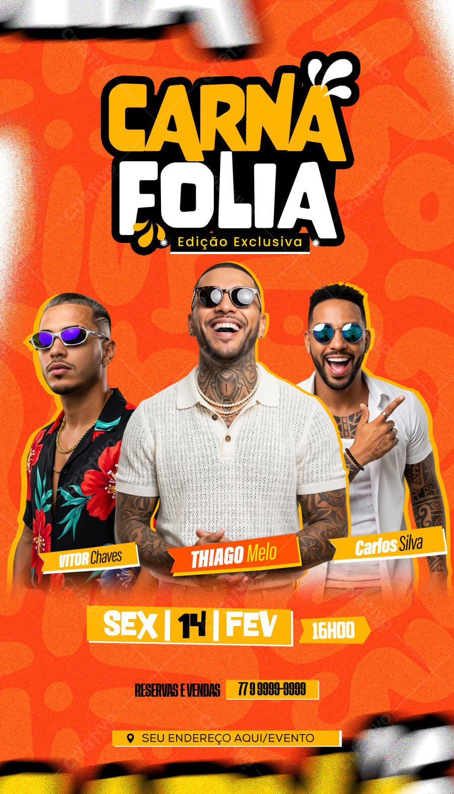 Flyer de Festa Carna Folia com 3 Artistas Homens PSD Editável