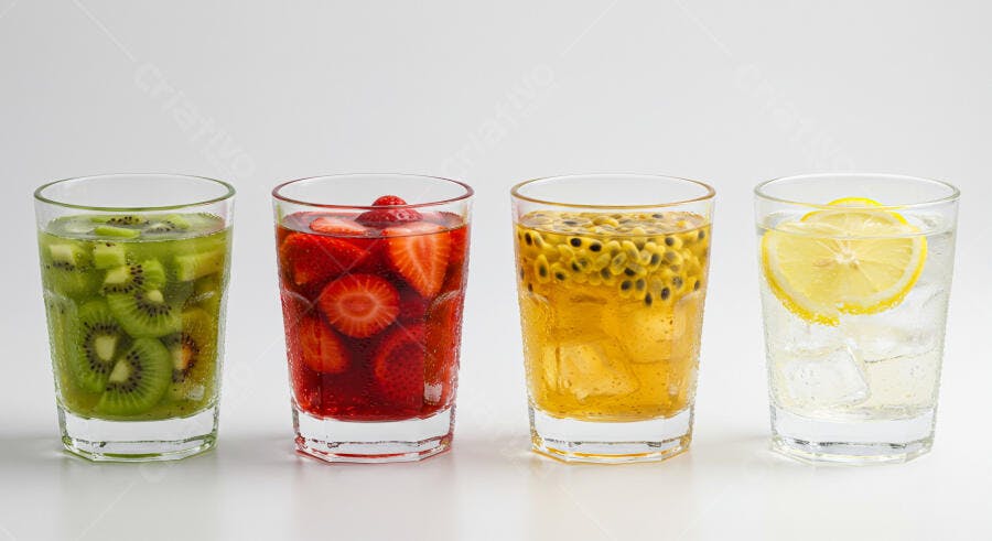 Bebidas refrescantes de kiwi morango maracujá e limão em copos transparentes