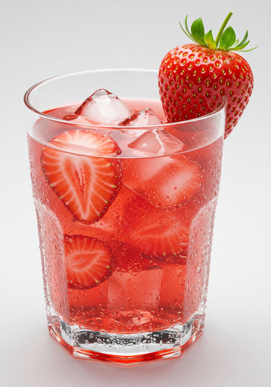 Bebida refrescante de morango com gelo e fatias no copo transparente