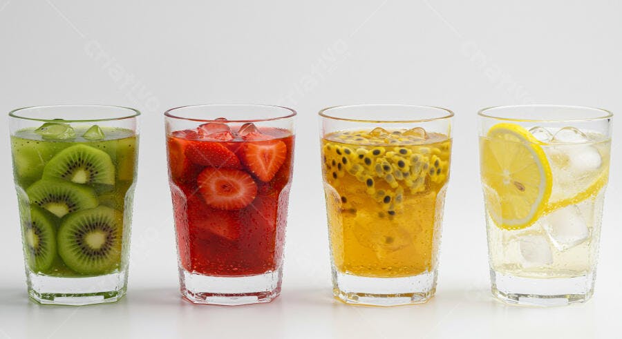 Bebidas refrescantes de frutas coloridas kiwi morango maracujá e limão em copos com gelo
