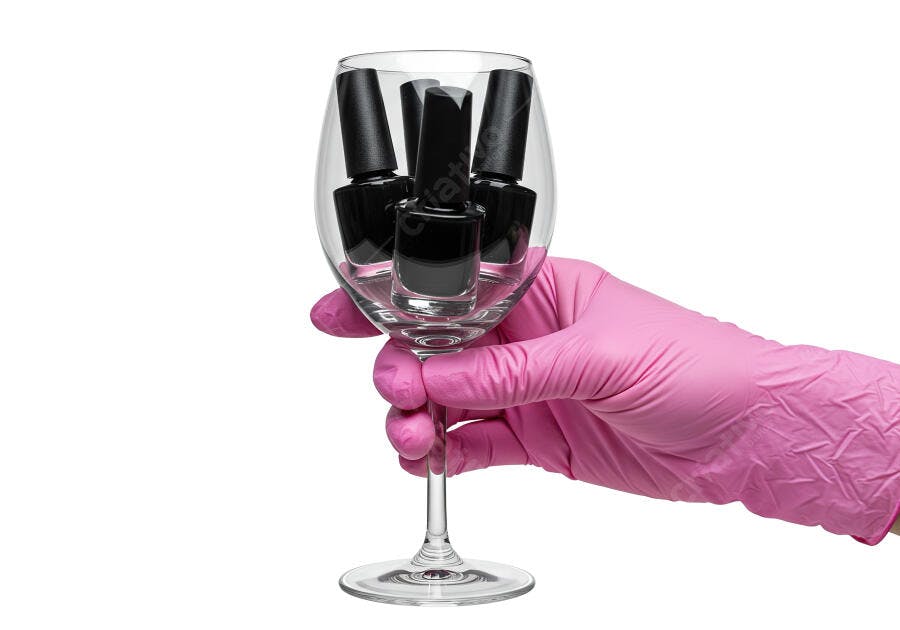 Mão com luva rosa segura taça de vinho com esmaltes pretos