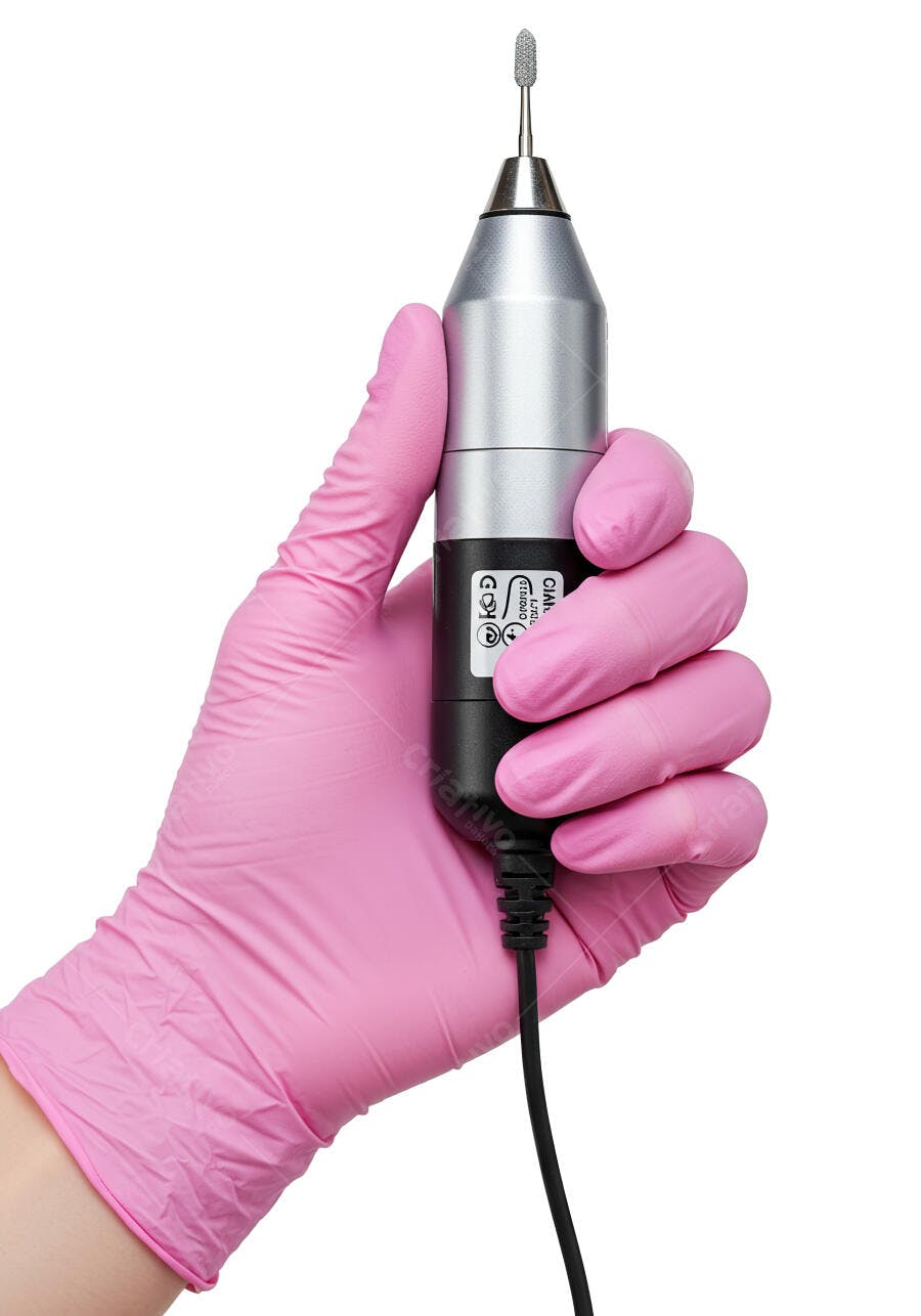 Mão com luva rosa de manicure segurando micromotor para unhas profissional