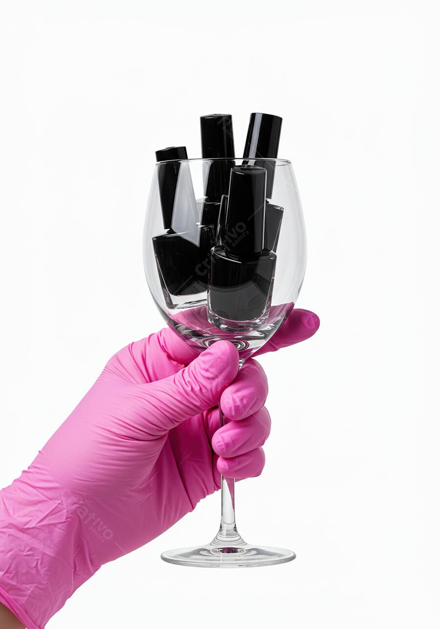 Mão com luva rosa segura taça de vinho com esmaltes pretos em estúdio