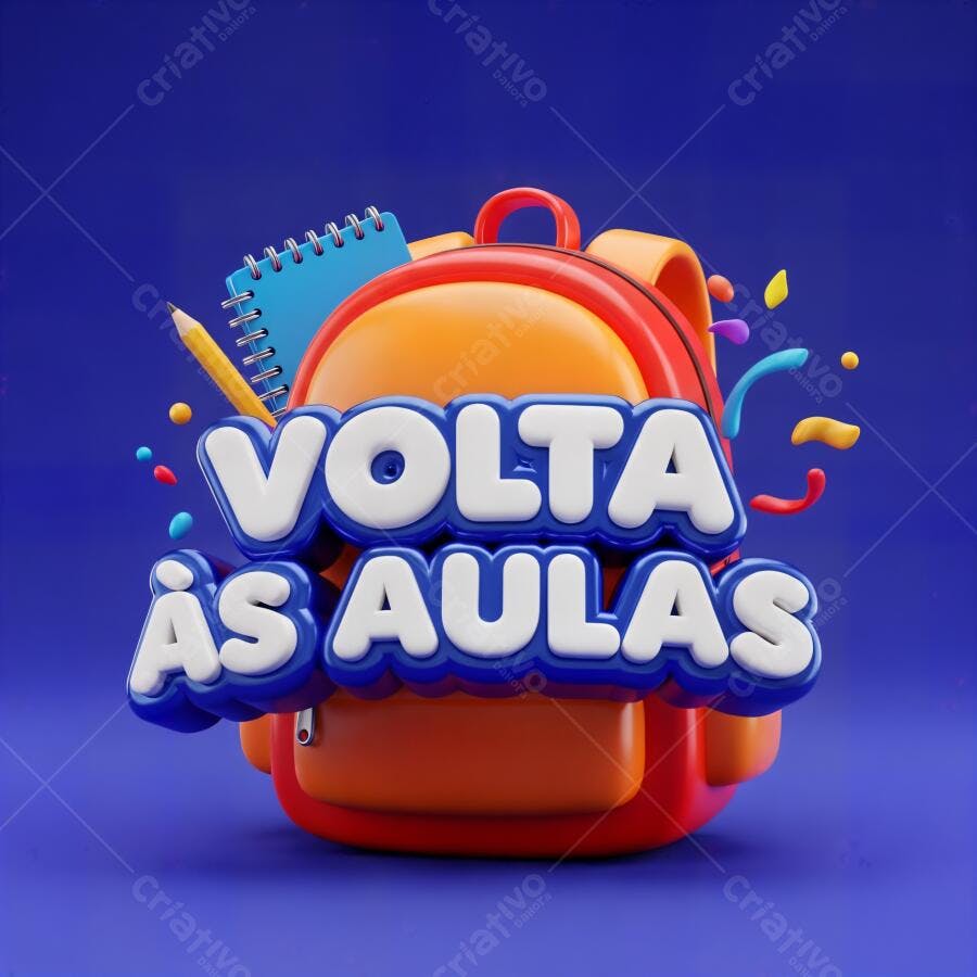 Mochila escolar 3D laranja com texto Volta às Aulas e caderno azul