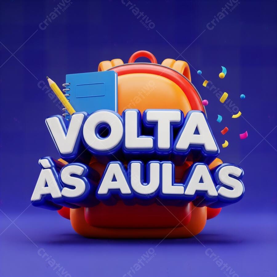 Mochila escolar laranja com texto Volta às Aulas e material em fundo azul 3D
