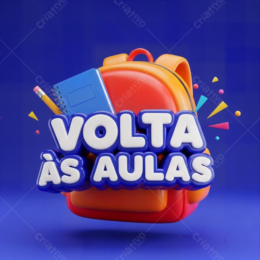 Volta às Aulas 3D mochila caderno lápis fundo azul vibrante