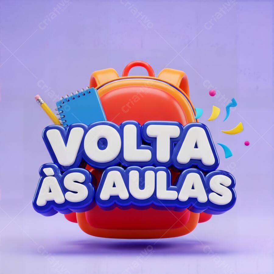 Ilustração 3D mochila escolar vibrante com texto Volta às Aulas e materiais
