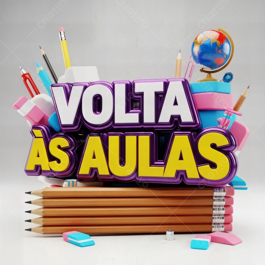 Volta às Aulas letras 3D material escolar colorido globo lápis borracha