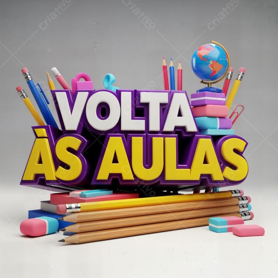 Letras 3D Volta às Aulas coloridas com lápis borracha e globo para o ano letivo