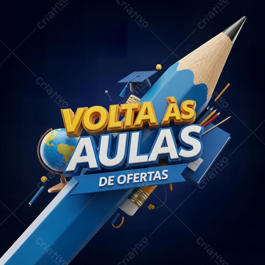 Lápis gigante e materiais escolares com "Volta às Aulas de Ofertas" 3D