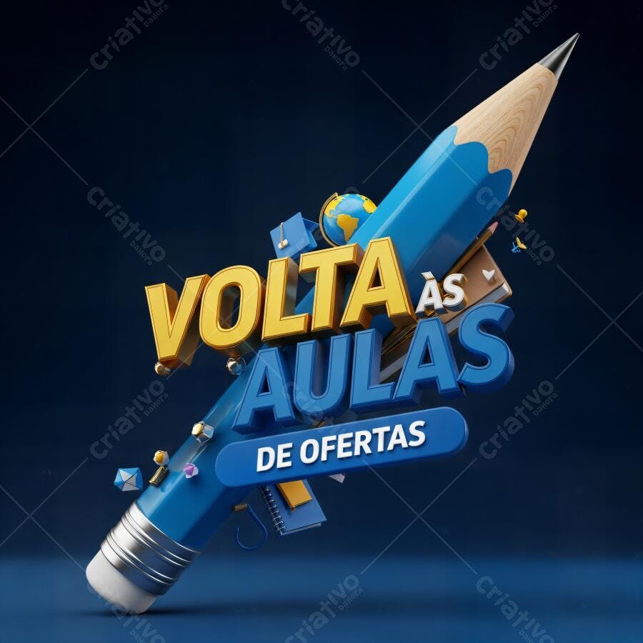Volta às Aulas promocional com lápis azul gigante e itens escolares 3D