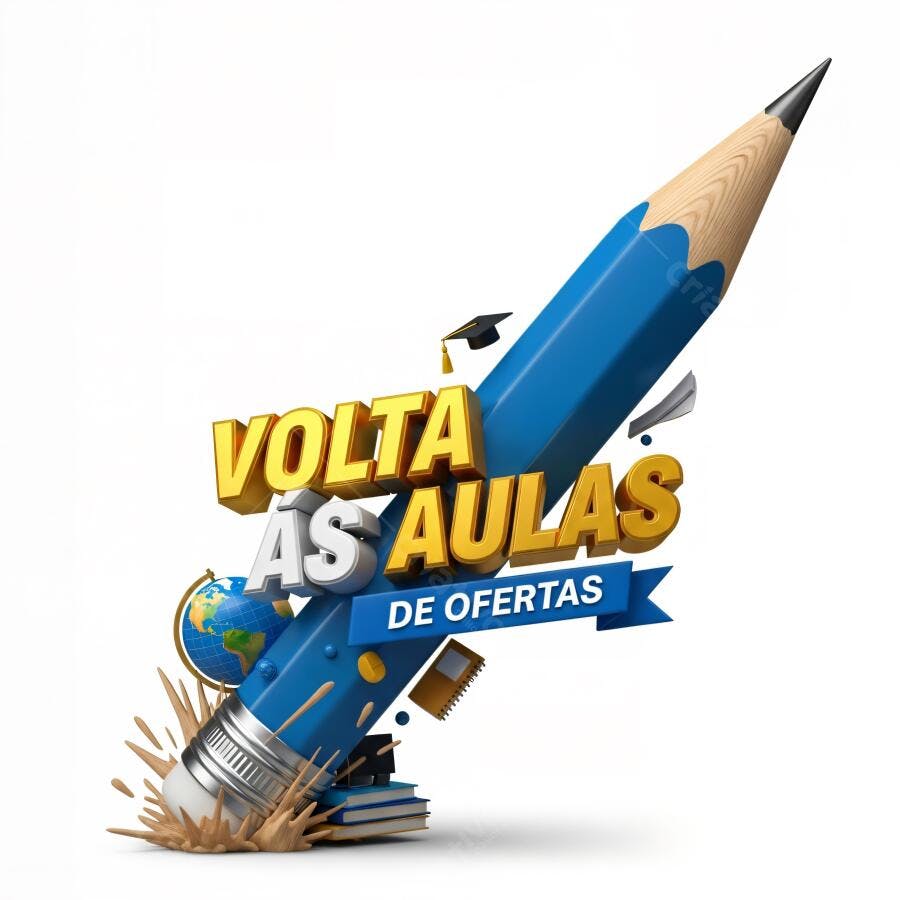 Lápis azul 3D com texto Volta às Aulas de Ofertas e elementos escolares