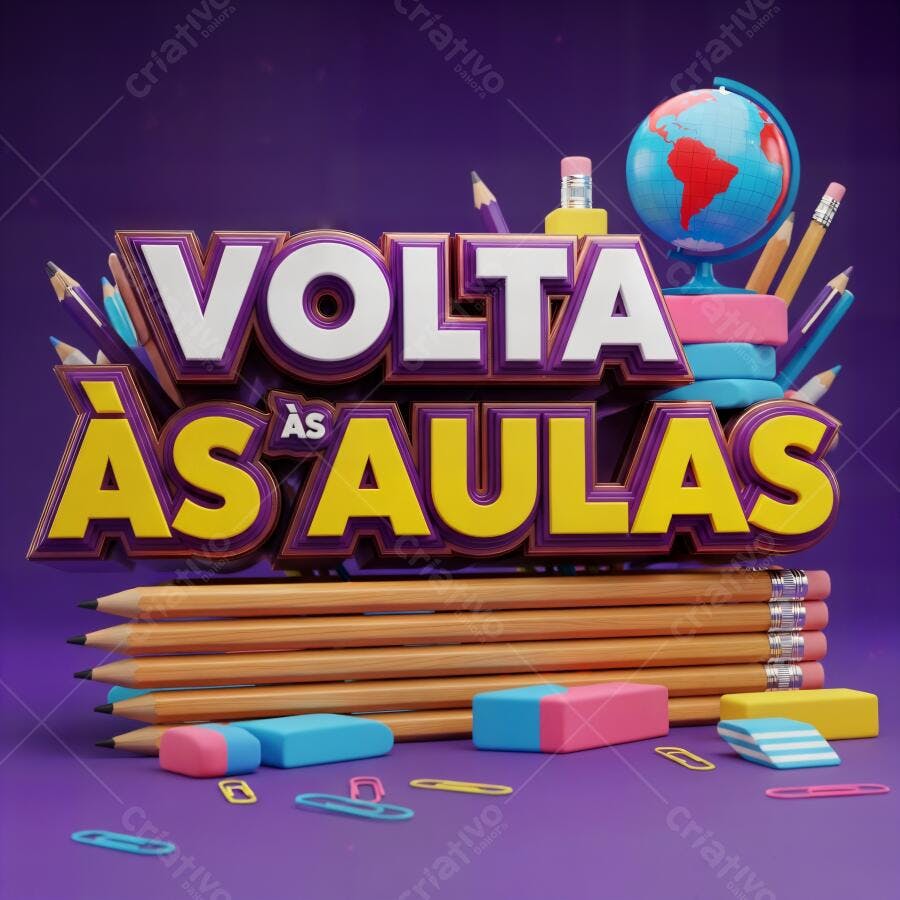 Volta às Aulas com materiais escolares coloridos e globo 3D em fundo roxo