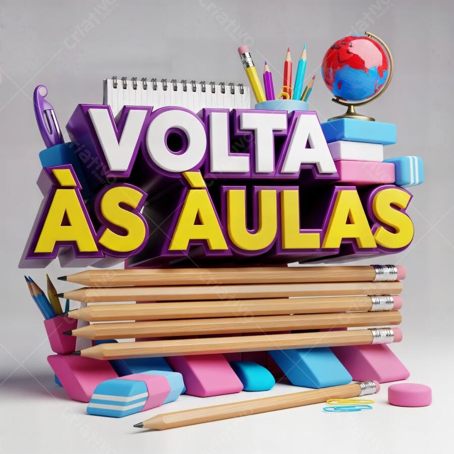 Volta às Aulas 3D com materiais escolares coloridos e modernos