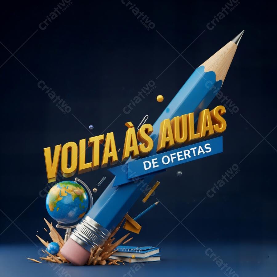 Material escolar com lápis azul globo e texto Volta às Aulas De Ofertas