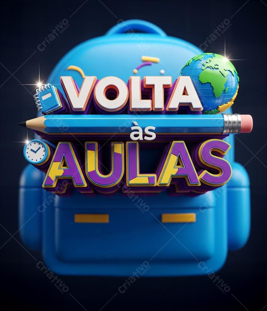 Volta às Aulas 3D com mochila azul e material escolar