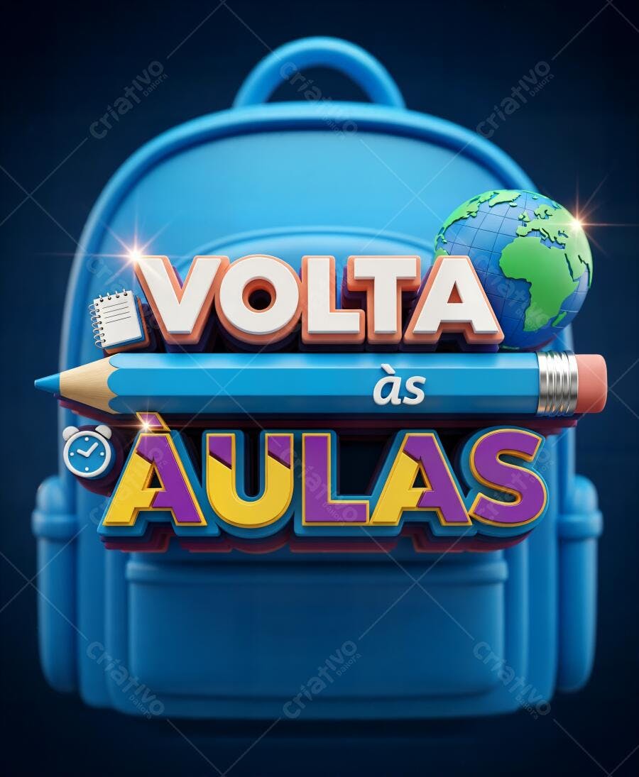 Mochila azul com letras 3D "Volta às Aulas" lápis globo e despertador
