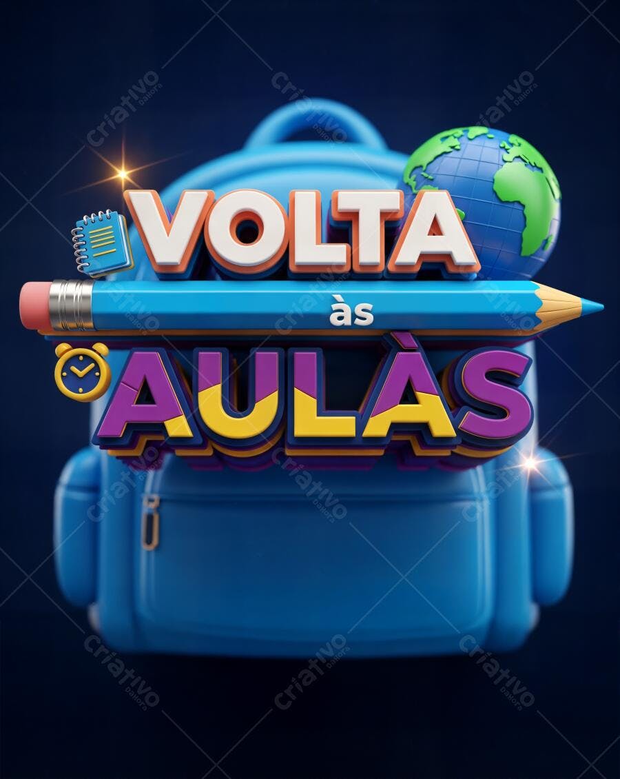 Volta às Aulas 3D com mochila azul lápis e globo vibrantes